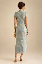 Jacquard A-Line/Princess V-Neck Tea-Length Mother of the Bride & Groom Dresses with Ruched Waist (SHI22501056)