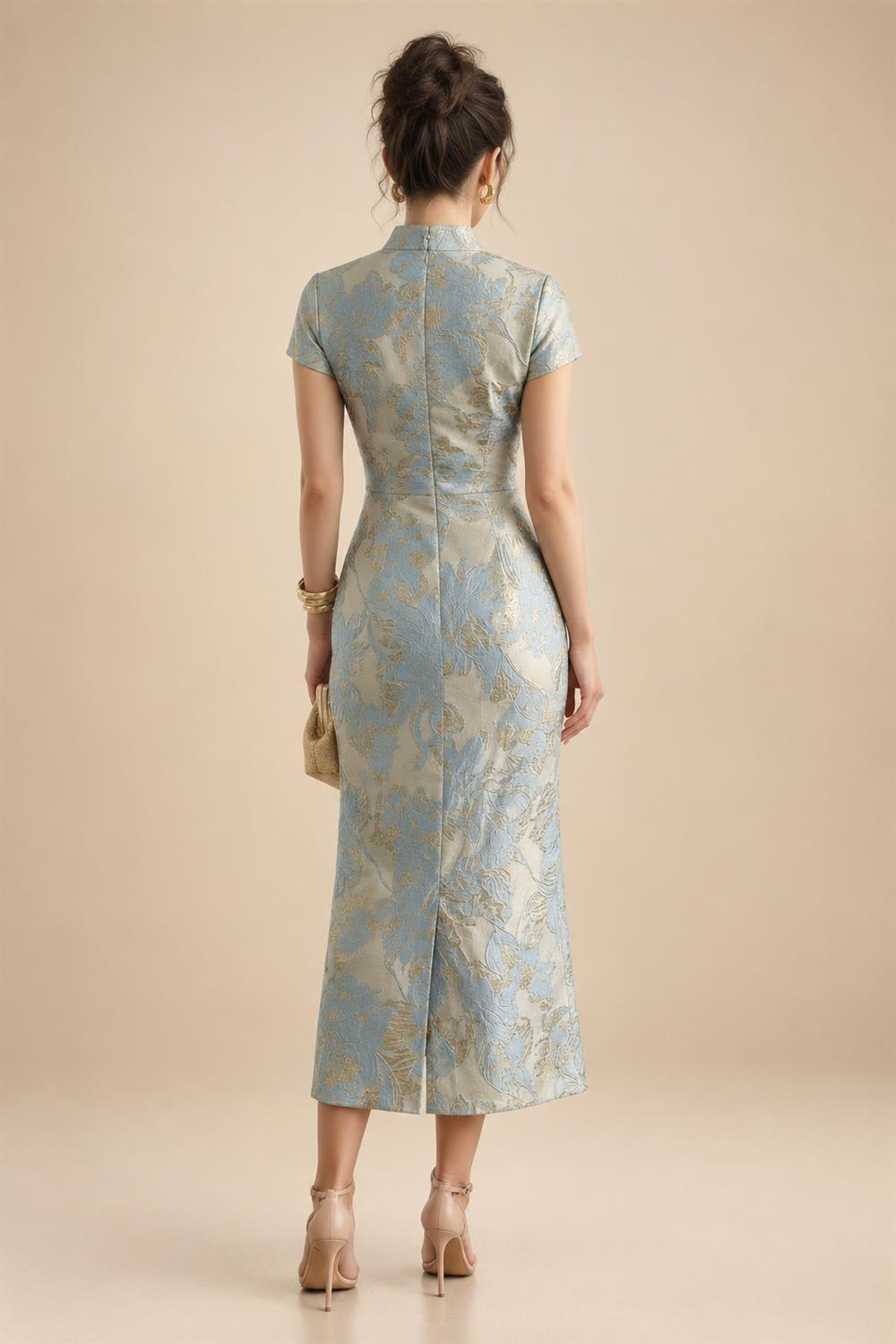 Jacquard A-Line/Princess V-Neck Tea-Length Mother of the Bride & Groom Dresses with Ruched Waist (SHI22501056)