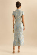 A-Line/Princess Scoop Illusion Lace Appliques Tea-Length Mother of the Bride Dresses with Pleated Ruffle (SHI22500105)