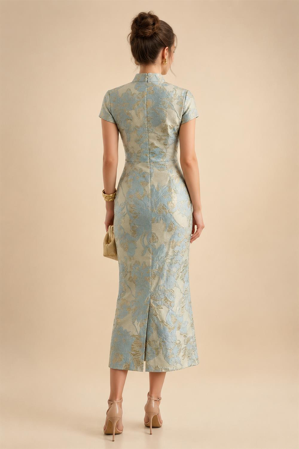 Jacquard Sheath/Column V-Neck Floor-Length Mother of the Bride & Groom Dresses with Ruched Waist (SHIB22500907)