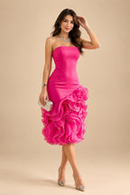 Sheath/Column Scoop Neck Satin Tea-Length Mother of the Bride & Groom Dresses with Ruched Waist (SHI22501621)