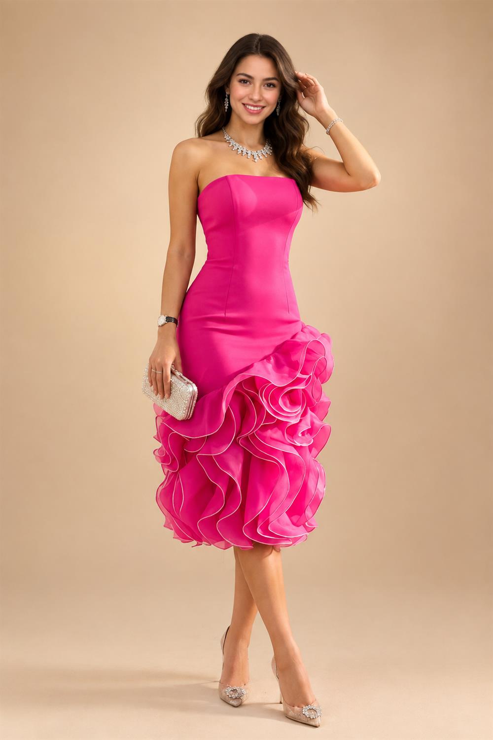 A-Line/Princess Scoop Illusion Lace Appliques Tea-Length Mother of the Bride Dresses with Pleated Ruffle (SHI22500105)