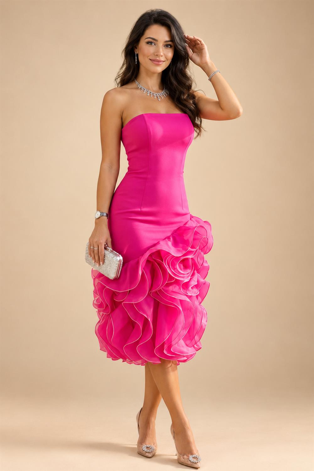 A-Line Satin V-Neck 3/4 Sleeve Mother of the Bride Dresses Floor-Length Ball Gown with Applique (SHI22500294)
