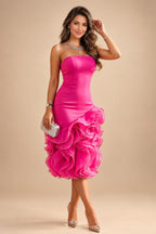 Sheath Satin Tea-Length Mother of the Bride & Groom Dresses with 3/4 Bell Sleeves & Crystal Embellished Belt (SHI22500471)