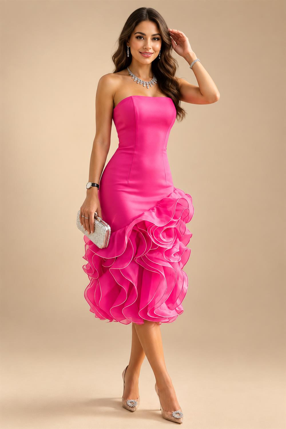 Jacquard A-Line/Princess V-Neck Tea-Length Mother of the Bride & Groom Dresses with Ruched Waist (SHI22501056)