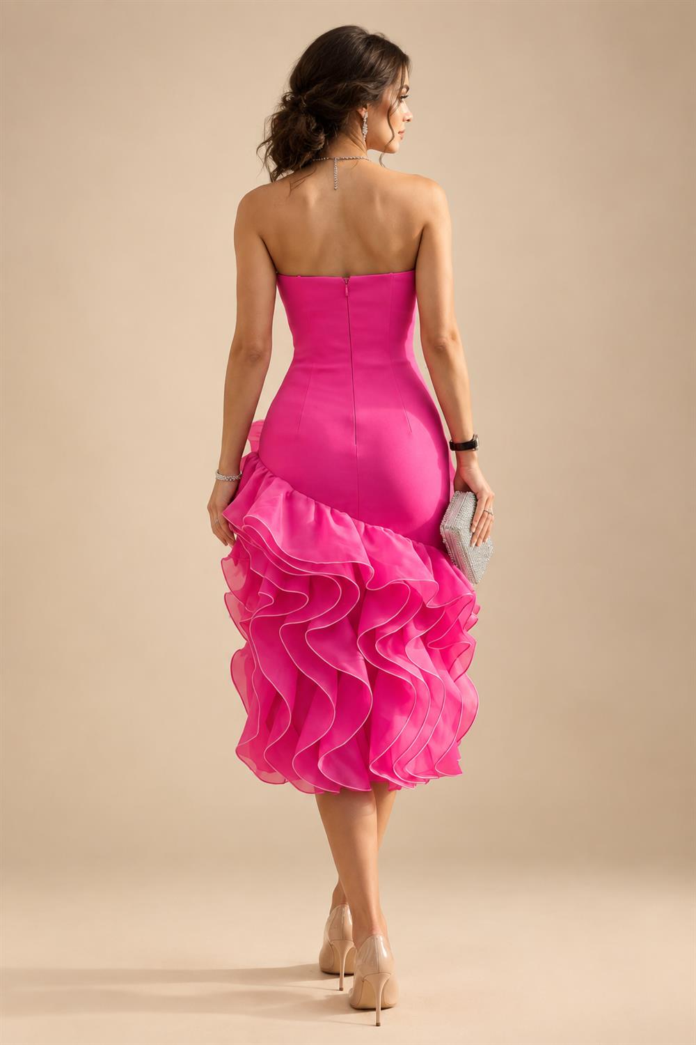 Jacquard A-Line/Princess V-Neck Tea-Length Mother of the Bride & Groom Dresses with Ruched Waist (SHI22501056)