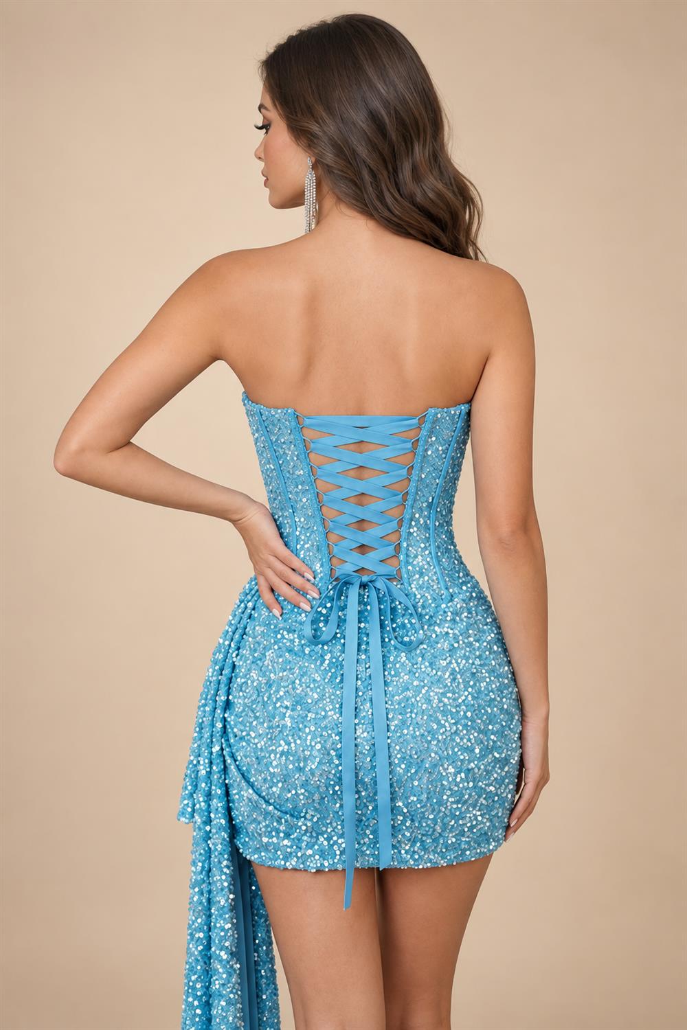 Sequin Bodycon Strapless Short Homecoming Dresses with Corset & Ruched Waist (SHI24200411)