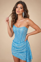 Sequin Bodycon Strapless Short Homecoming Dresses with Corset & Ruched Waist (SHI24200411)