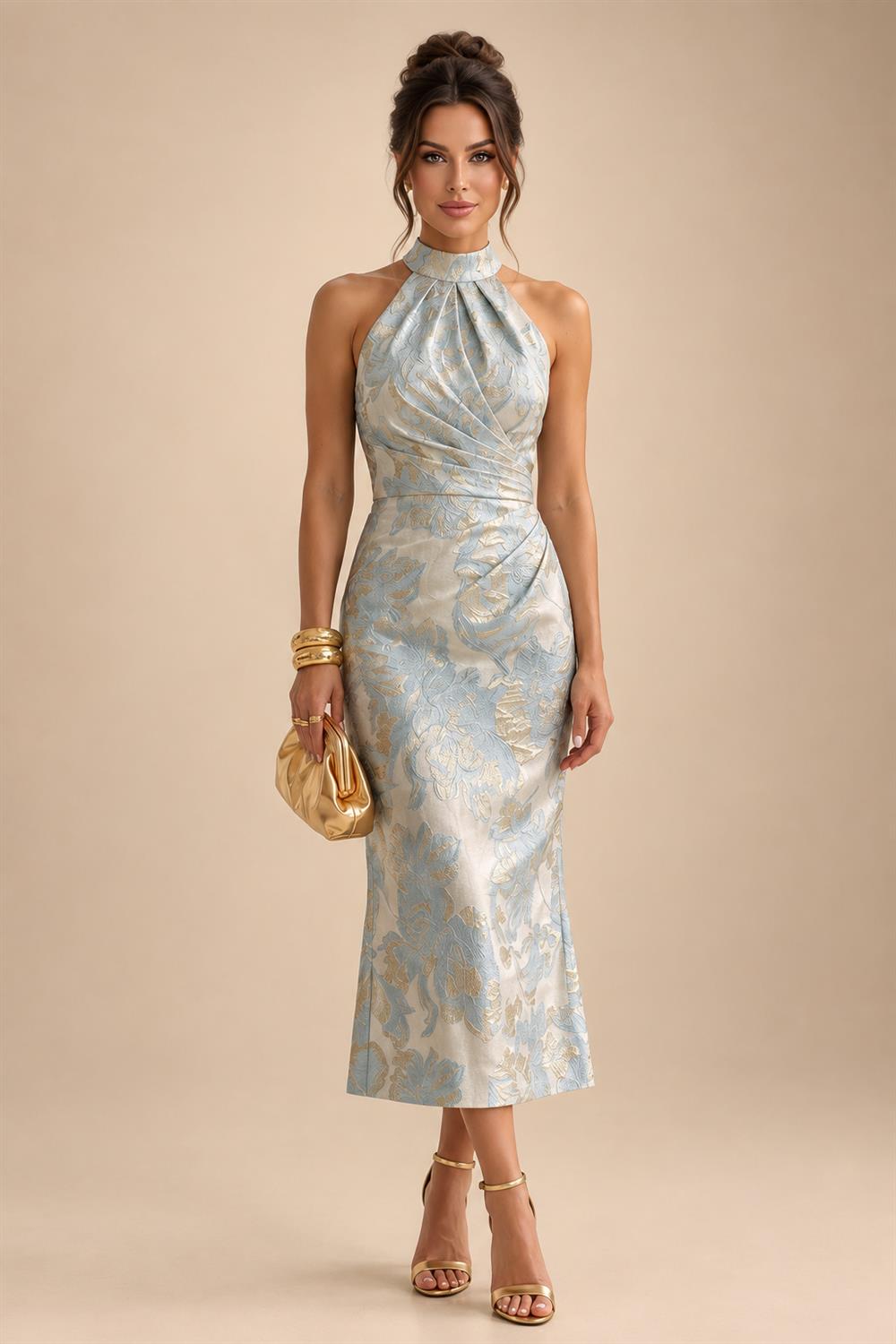 Lightweight Sheath Tea-Length Chiffon Mother of the Bride & Groom Dresses with Cowl Neck & Ruched Waist (SHI22500689)