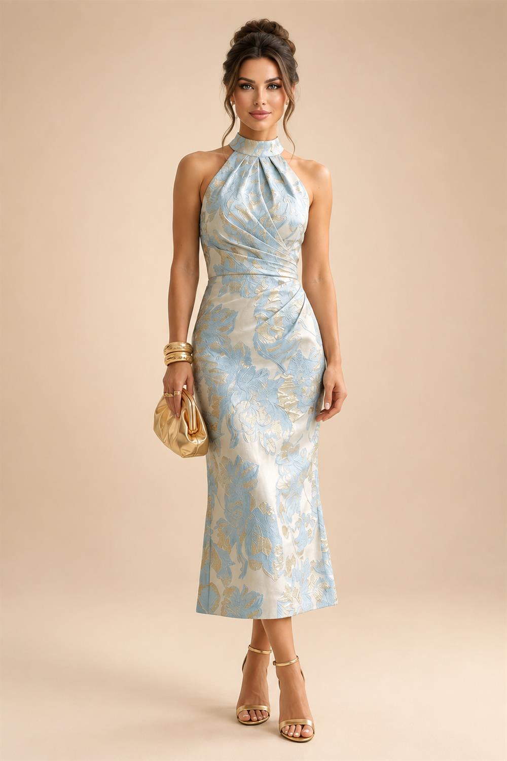 Jacquard A-Line/Princess V-Neck Tea-Length Mother of the Bride & Groom Dresses with Ruched Waist (SHI22501056)