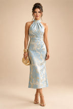 Jacquard A-Line/Princess V-Neck Tea-Length Mother of the Bride & Groom Dresses with Ruched Waist (SHI22501056)