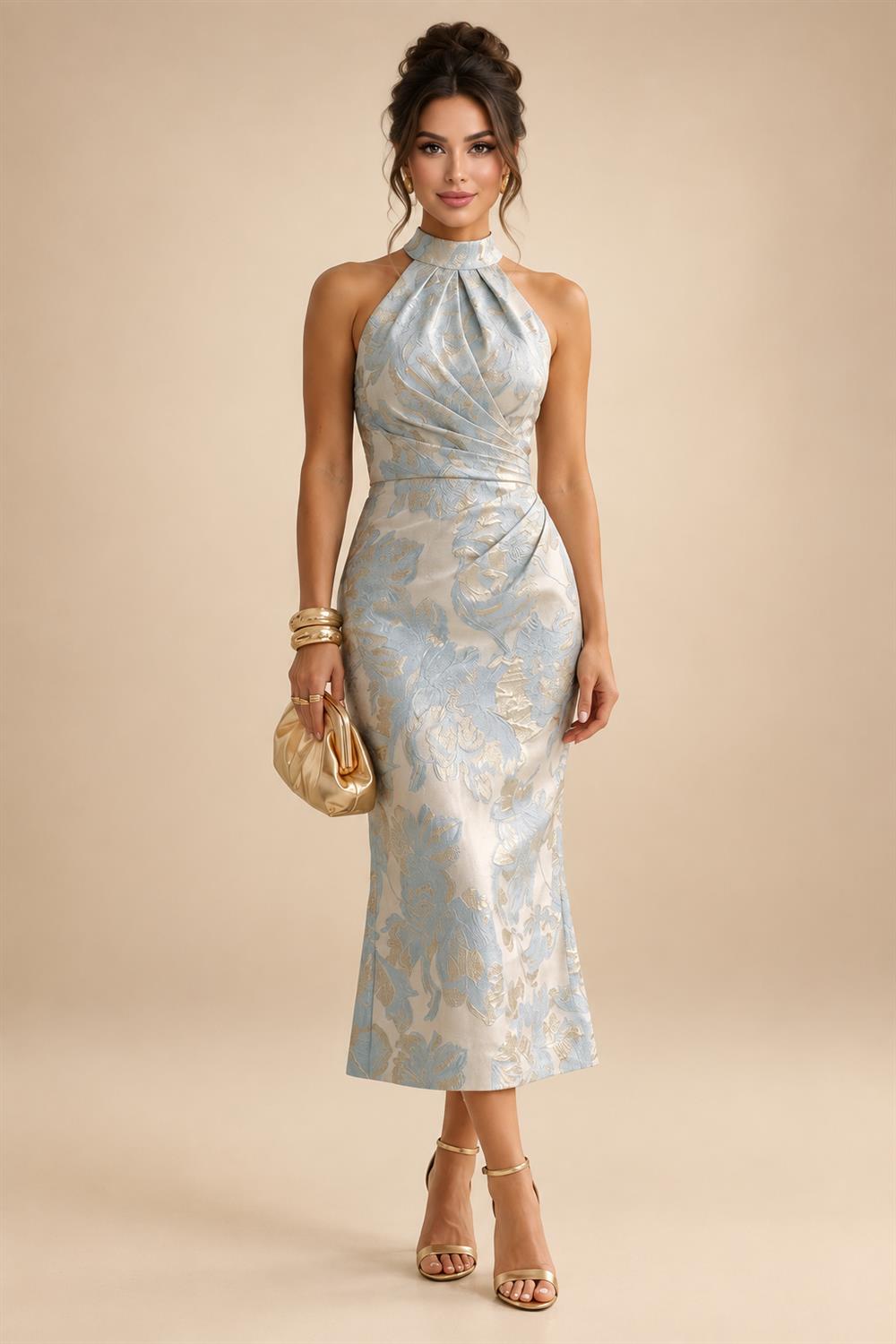 Jacquard Sheath/Column 3/4 Sleeves Floor-Length Mother of the Bride & Groom Dresses with Ruched Waist & Rhinestones (SHI22500801)