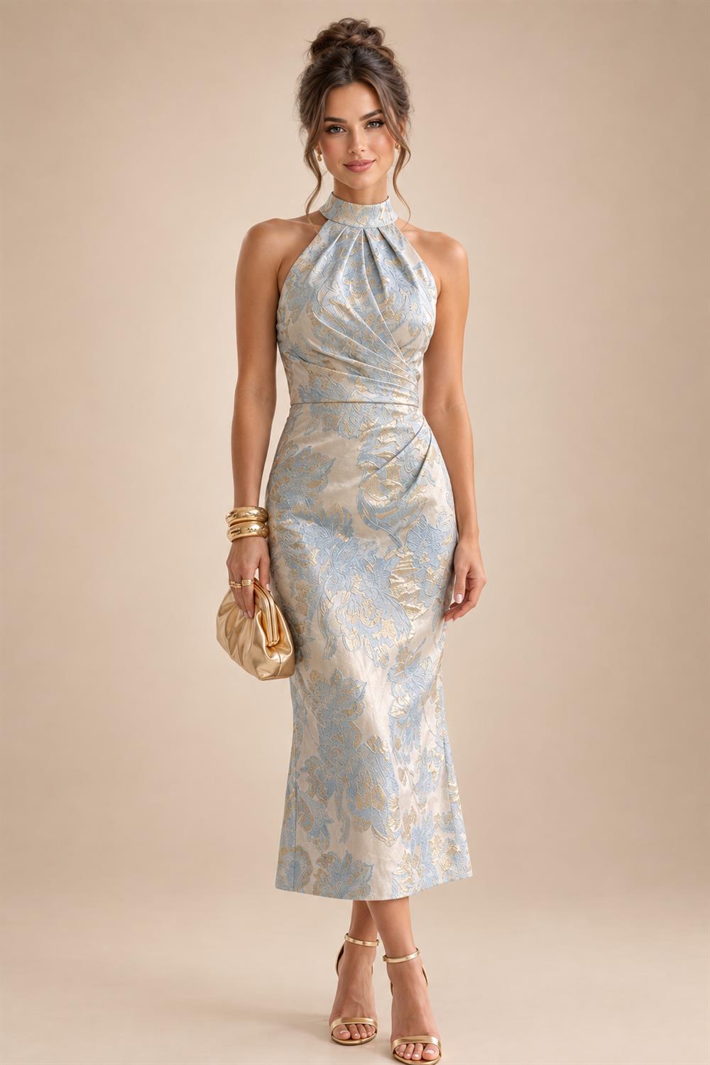 Floral Print A-Line/Princess V-Neck Tea-Length Mother of the Bride & Groom Dresses with Ruched Waist & Pockets (SHI22501150)