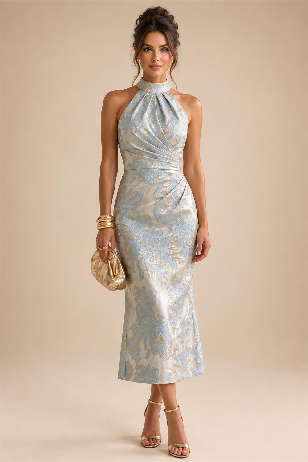 A-Line Chiffon Pleated Long Mother of the Bride & Groom Dresses with 3/4 Flutter Sleeves & Sequin Waist (SHI22500702)