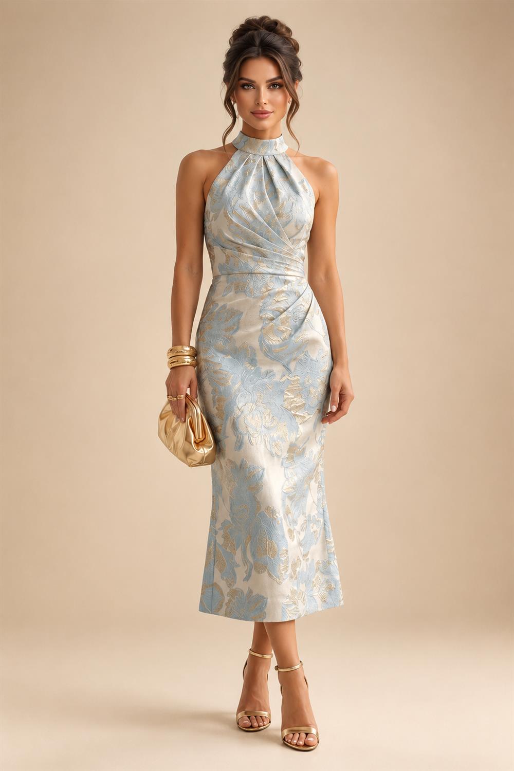 Cape Sleeve Jacquard Satin Ruched Mother of the Bride Dresses (SHI22500526)