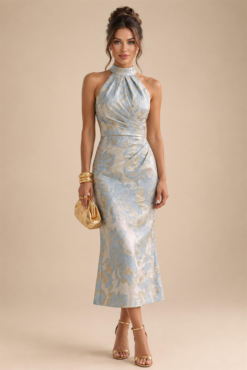 Jacquard A-Line/Princess V-Neck Floor-Length Mother of the Bride & Groom Dresses with Ruched Waist & Pockets (SHI22501298)