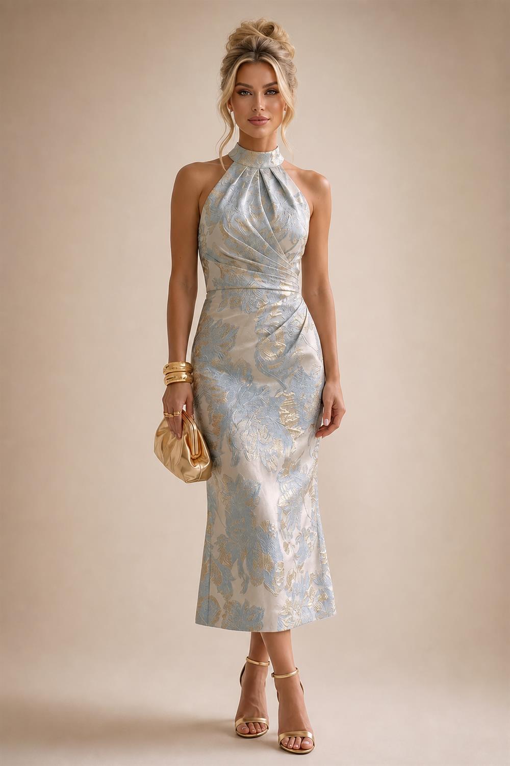 Jacquard Sheath/Column V-Neck Tea-Length Mother of the Bride & Groom Dresses for Women (SHI22501292)
