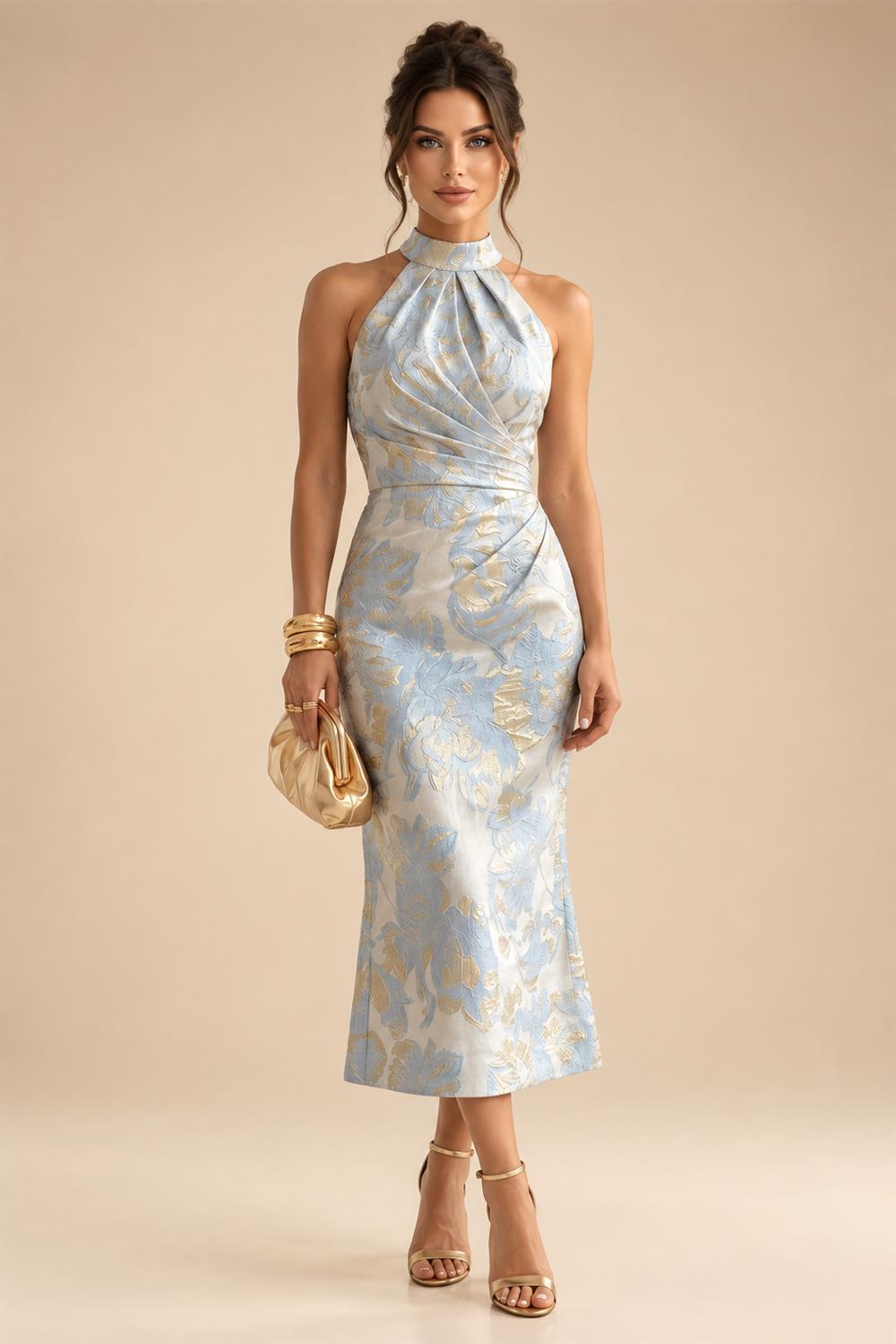 Jacquard A-Line/Princess V-Neck Floor-Length Mother of the Bride & Groom Dresses with Ruched Waist & Pockets (SHI22500984)