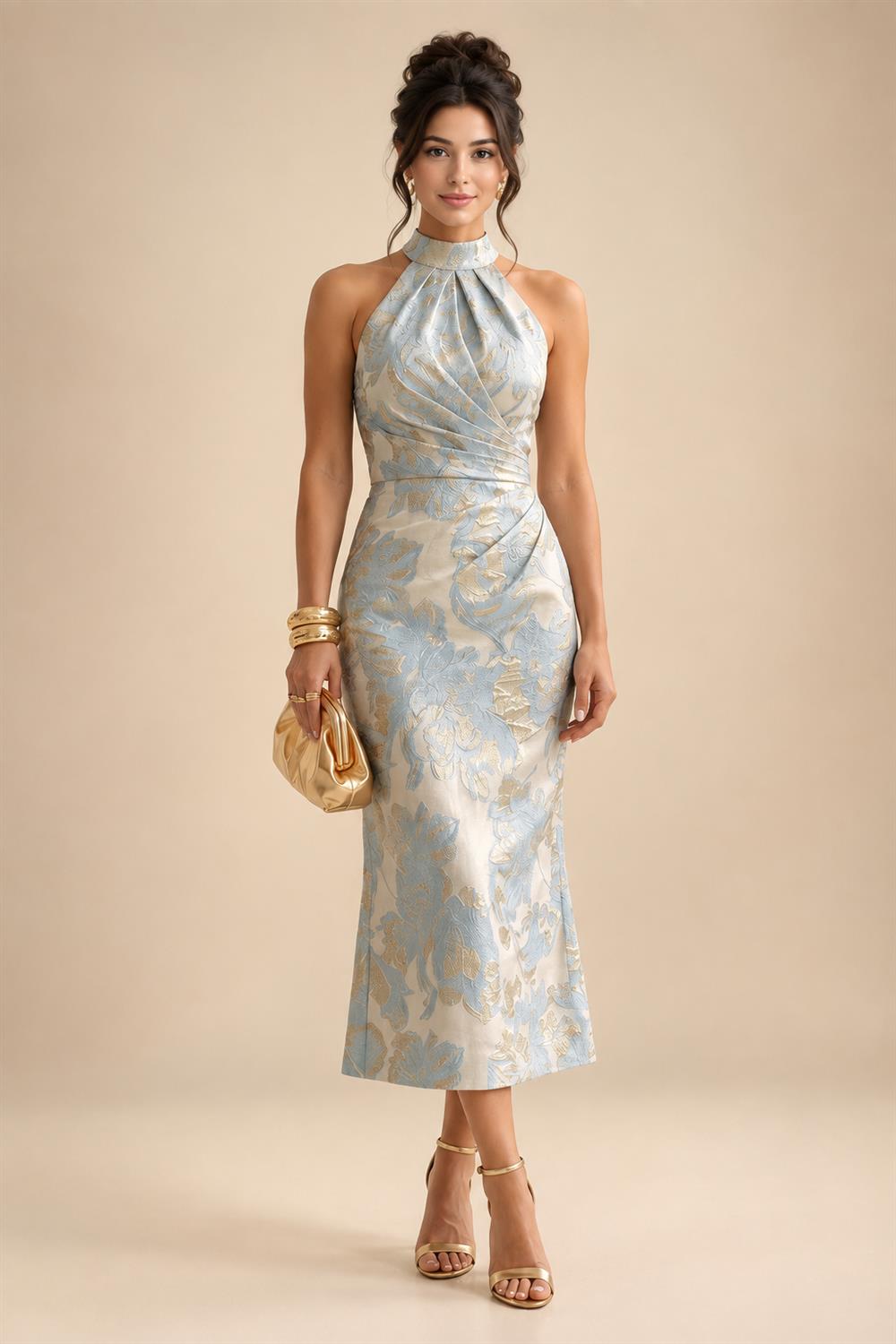 A-Line Floral Jacquard Floor-Length Mother of the Bride & Groom Dresses with V-Neck, Cap Sleeves (SHI22500480)