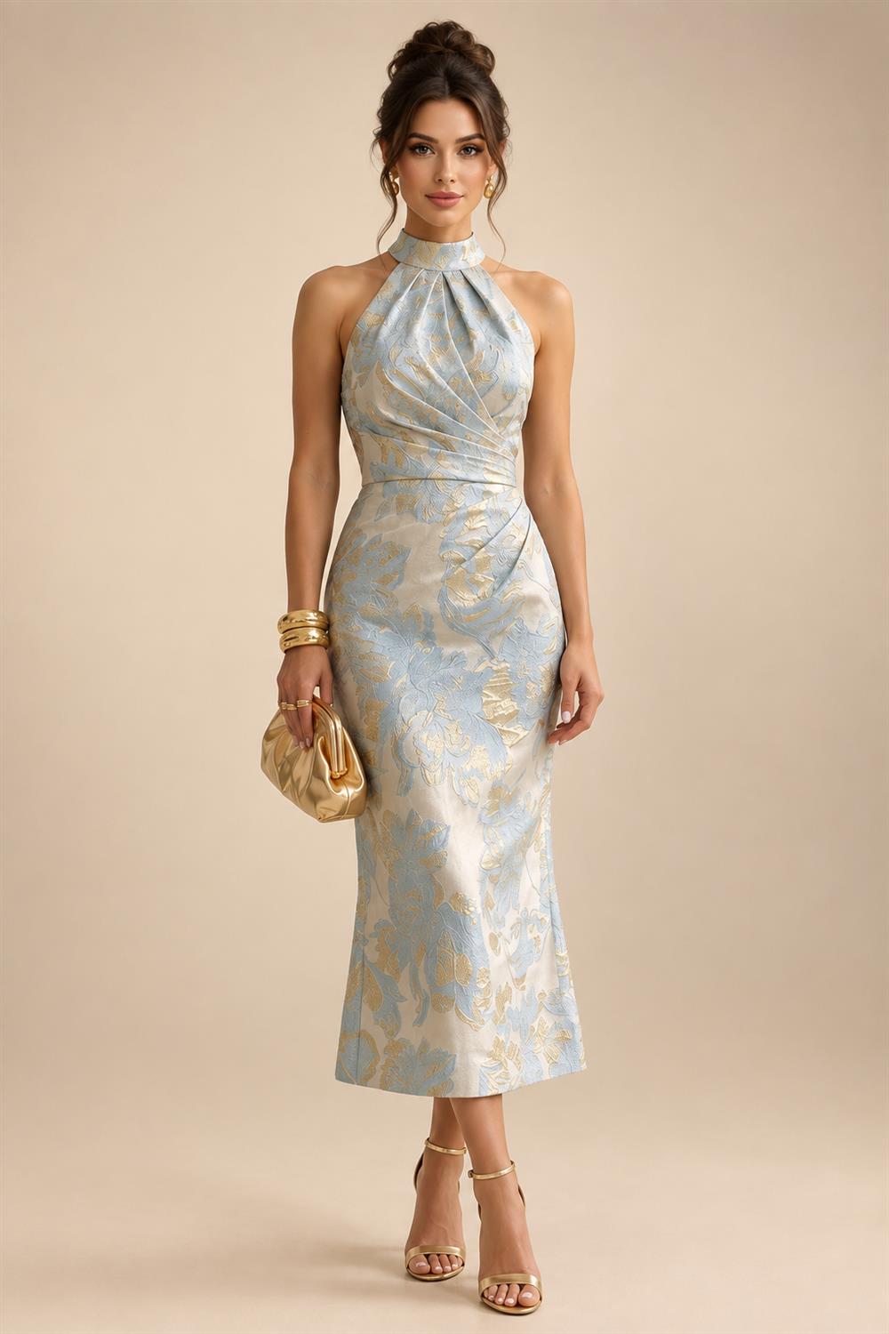 Jacquard Sheath/Column V-Neck Floor-Length Mother of the Bride & Groom Dresses with Ruffles & Ruched Waist (SHI22501058)