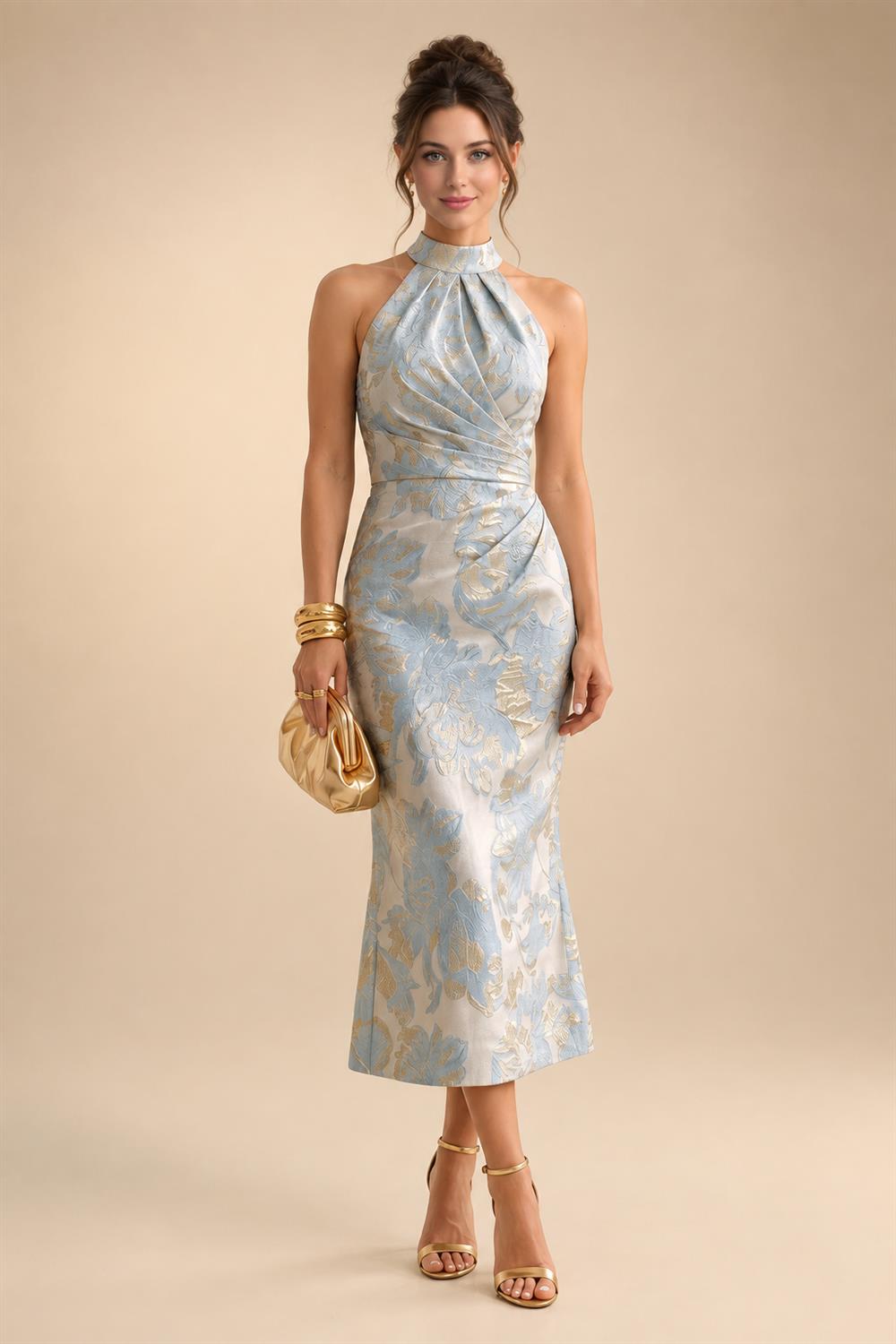 A-Line/Princess Halter Lace Appliques Tea-Length Mother of the Bride & Groom Dresses with 3D Flowers & Ruched Waist (SHI23001321)