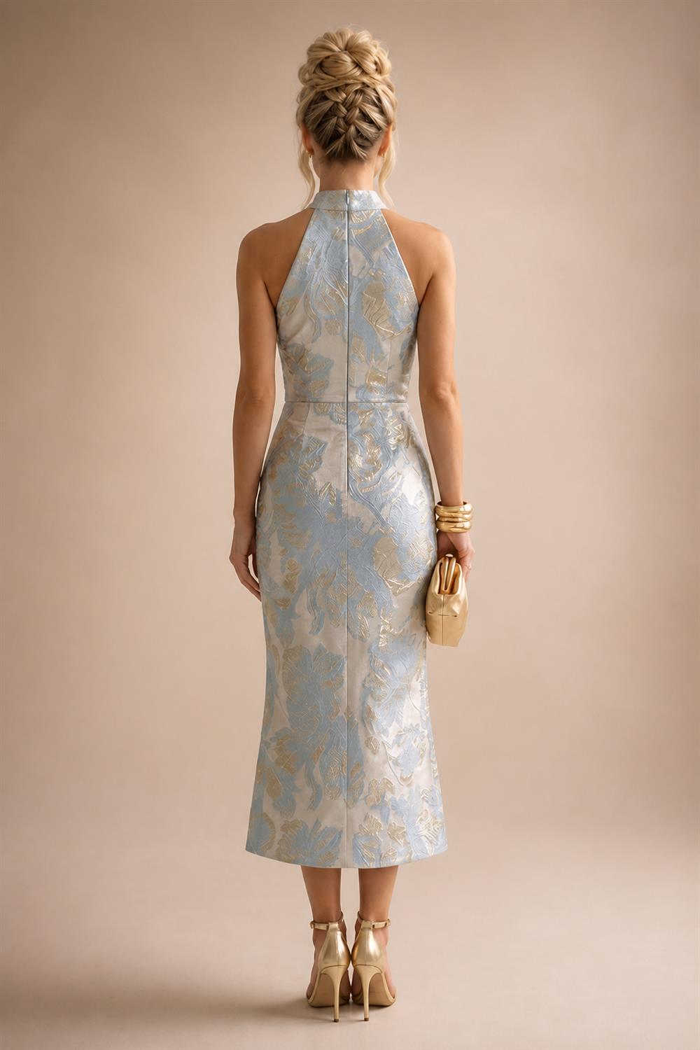 Jacquard Sheath/Column V-Neck Tea-Length Mother of the Bride & Groom Dresses for Women (SHI22501292)