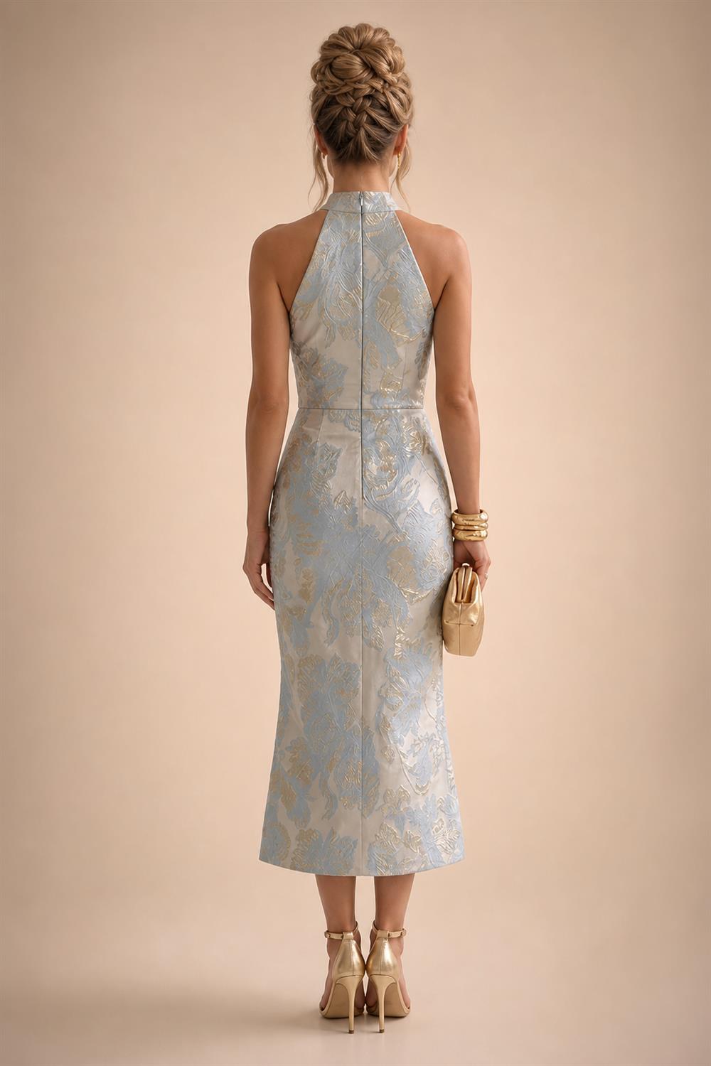 A-Line Satin V-Neck 3/4 Sleeve Mother of the Bride Dresses Floor-Length Ball Gown with Applique (SHI22500294)