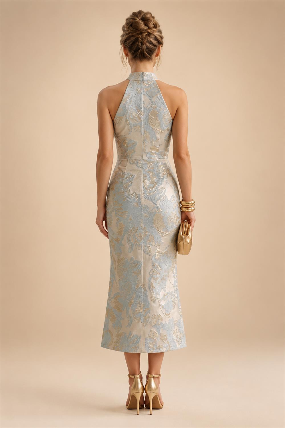 Jacquard A-Line/Princess V-Neck Tea-Length Mother of the Bride & Groom Dresses with Ruched Waist (SHI22501056)
