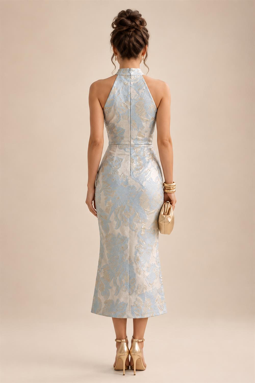 Jacquard A-Line/Princess V-Neck Tea-Length Mother of the Bride & Groom Dresses with Ruched Waist (SHI22501056)