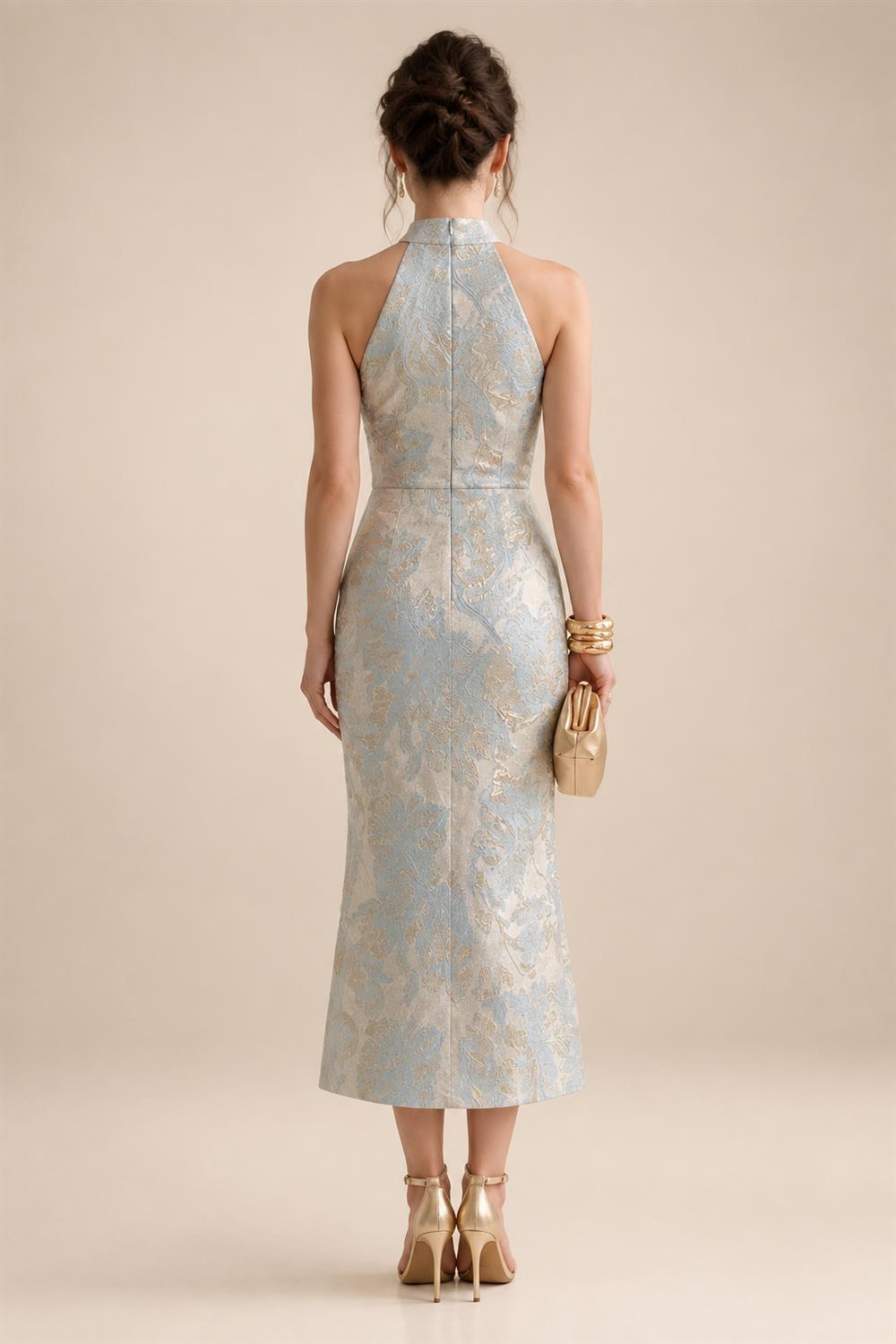 Jacquard Sheath/Column 3/4 Sleeves Floor-Length Mother of the Bride & Groom Dresses with Ruched Waist & Rhinestones (SHI22500801)