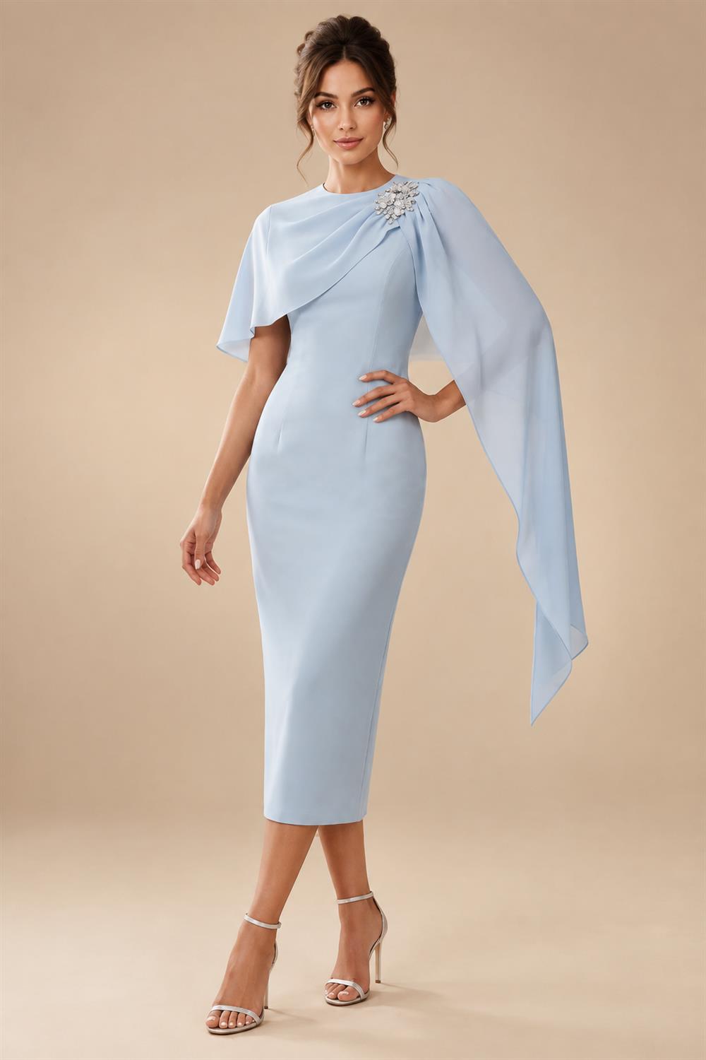 Jacquard A-Line/Princess V-Neck Tea-Length Mother of the Bride & Groom Dresses with Ruched Waist (SHI22501056)