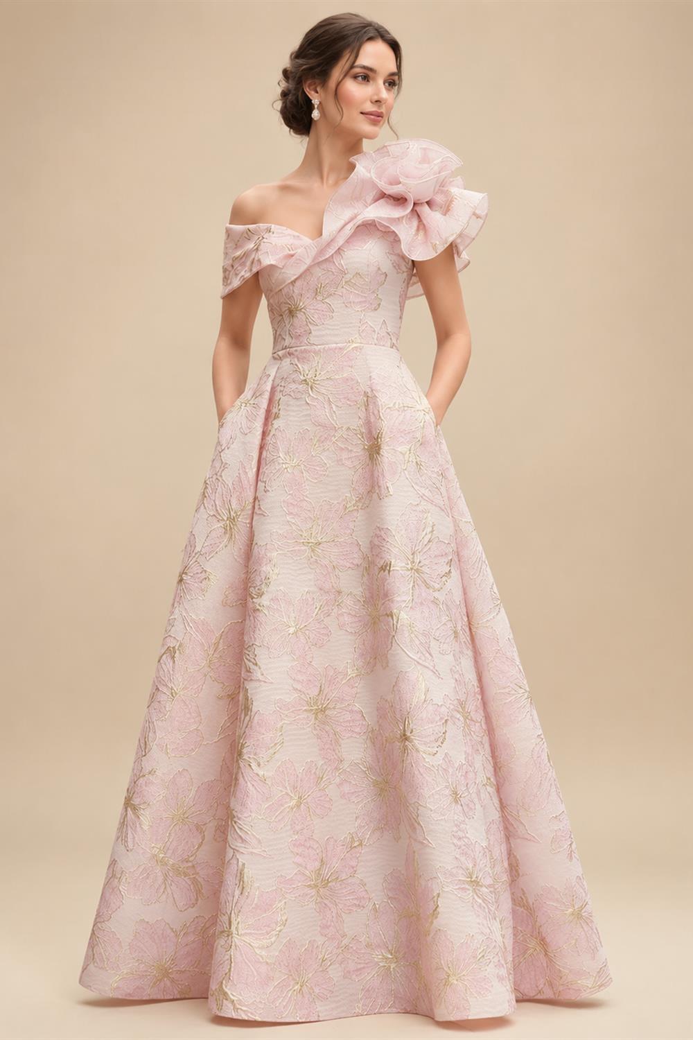 A-Line/Princess Off Shoulder Satin Floor-Length Mother of the Bride & Groom Dresses with 3D Flowers & Sweep Train (SHI22501552)