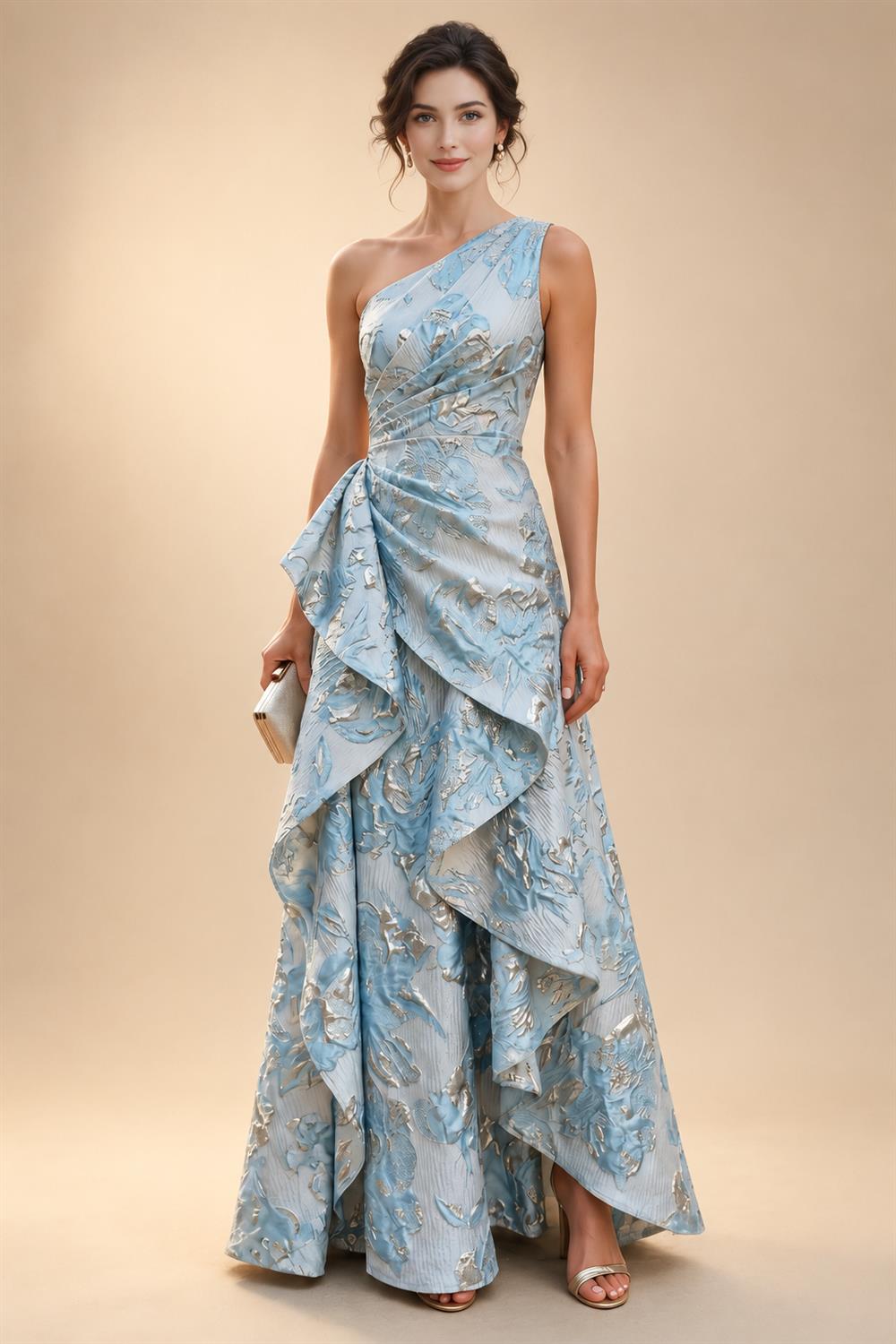 Jacquard Sheath/Column V-Neck Floor-Length Mother of the Bride & Groom Dresses with Ruffles & Ruched Waist (SHI22501058)