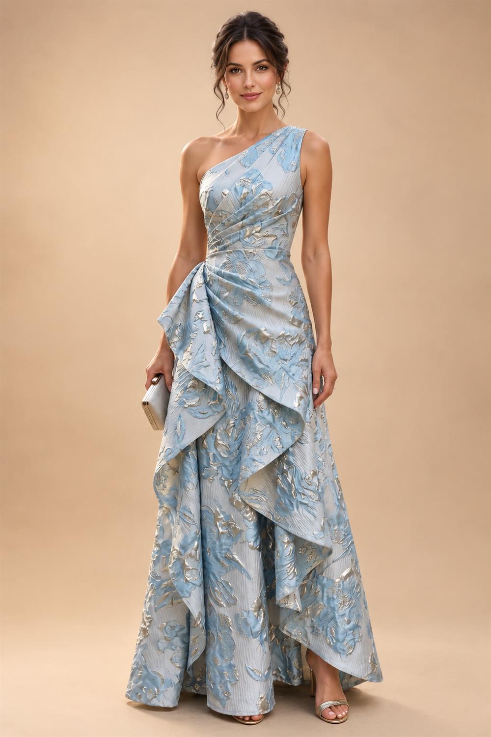 A-Line Chiffon Floral Print 3/4 Cape Sleeves Tiered Mother of the Bride & Groom Dresses with Beaded Waist Embellishment (SHI22500669)