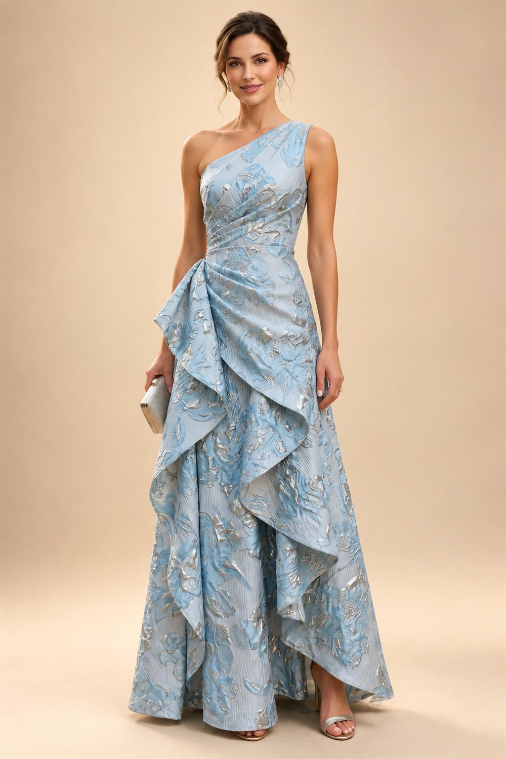 Jacquard A-Line/Princess V-Neck Tea-Length Mother of the Bride & Groom Dresses with Ruched Waist (SHI22501056)