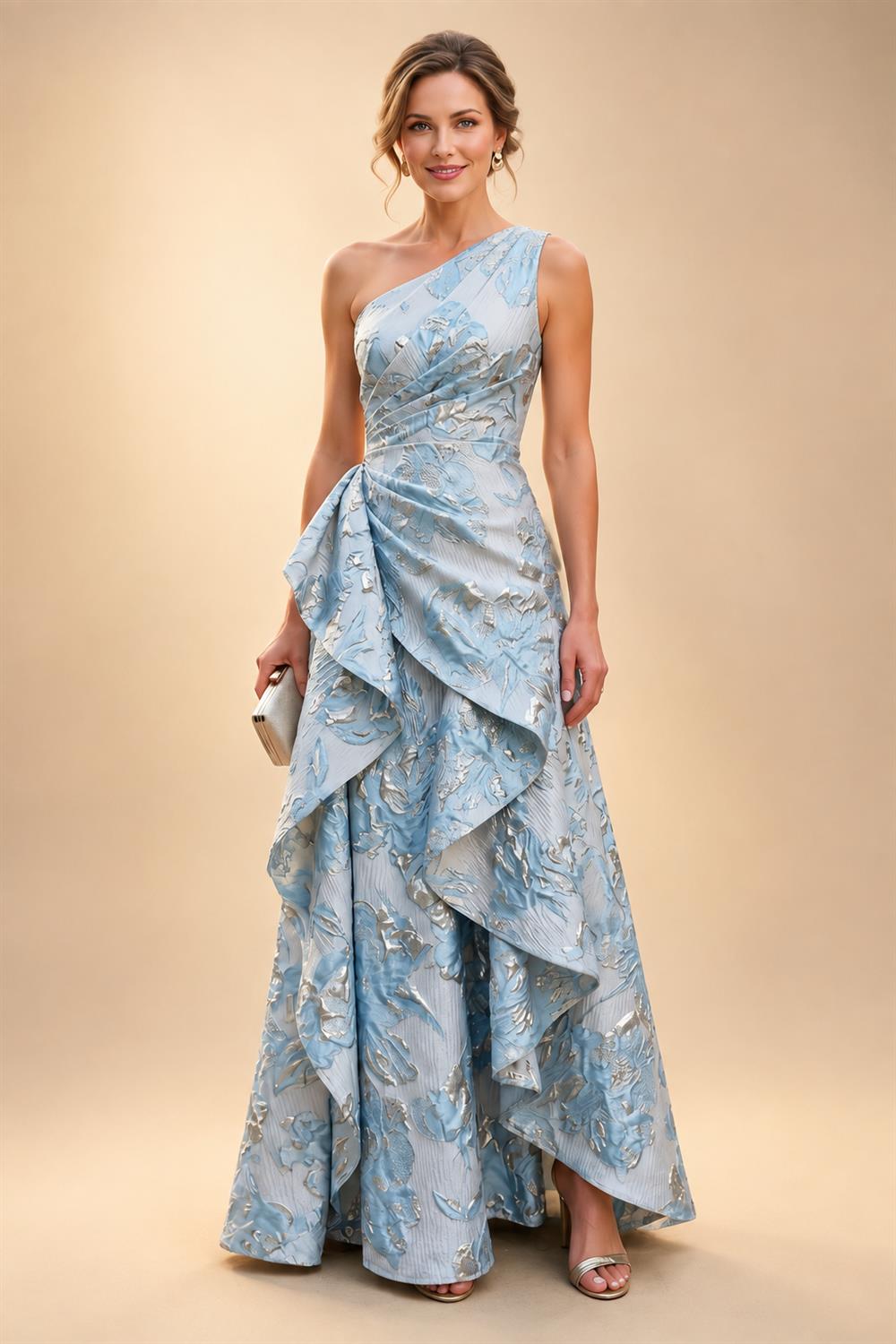 A-Line/Princess Pleated Two-Piece Tea-Length Mother of the Bride Dresses with Cascading Ruffles (SHI22500054)