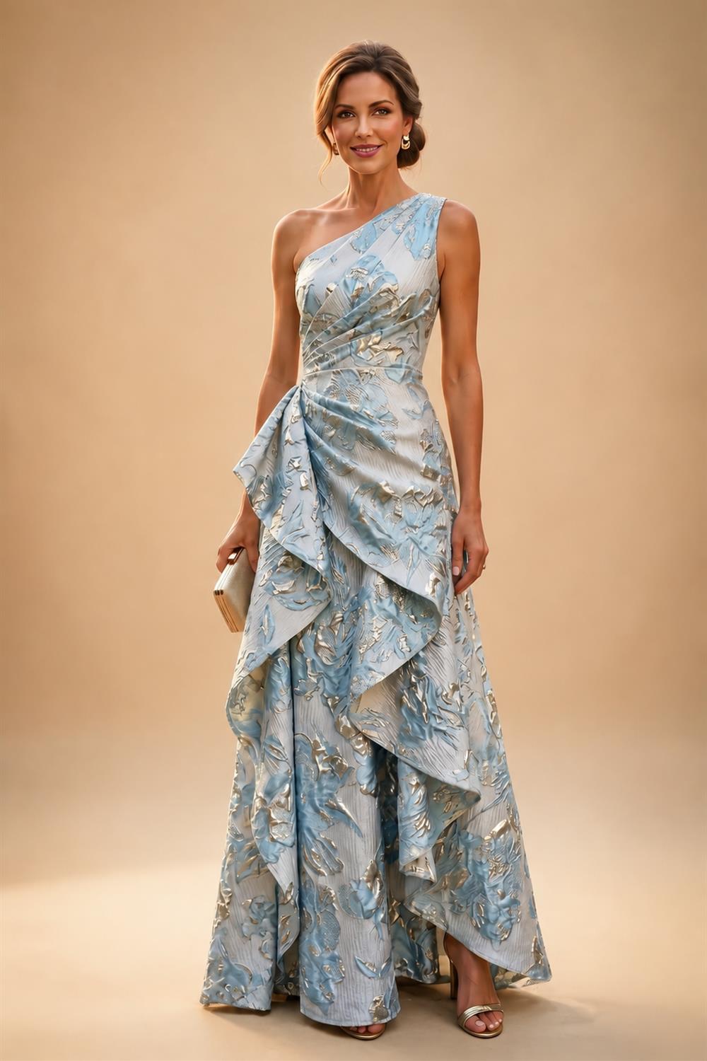 Cape Sleeve Jacquard Satin Ruched Mother of the Bride Dresses (SHI22500526)