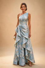 Cape Sleeve Jacquard Satin Ruched Mother of the Bride Dresses (SHI22500526)