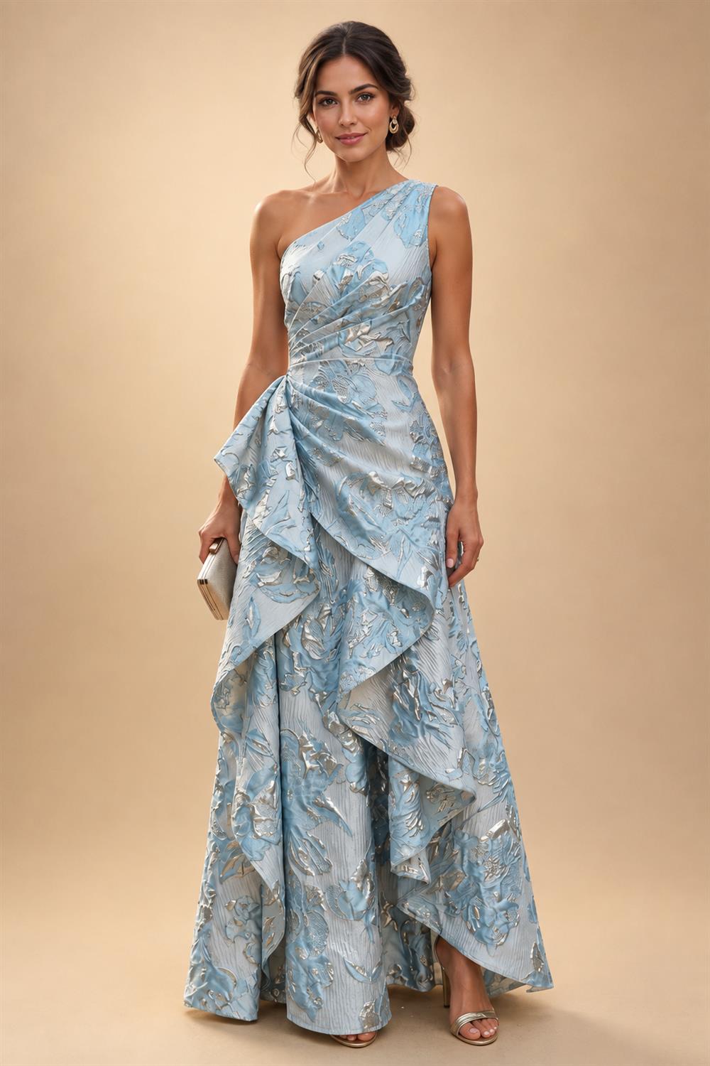 A-Line Satin V-Neck 3/4 Sleeve Mother of the Bride Dresses Floor-Length Ball Gown with Applique (SHI22500294)