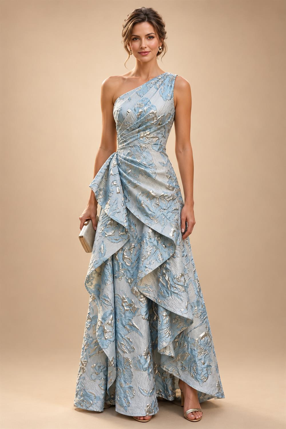 A Line/Princess Stand Collar Short Sleeve Long Elegant Mother of the Bride Dresses (SHI22500207)