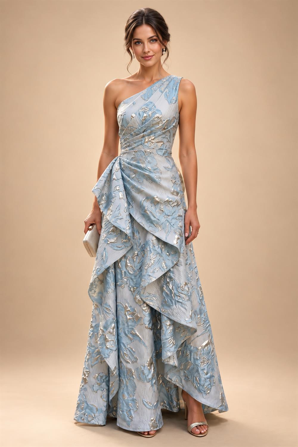A-Line Chiffon Pleated Long Mother of the Bride & Groom Dresses with 3/4 Flutter Sleeves & Sequin Waist (SHI22500702)