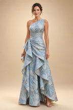 A-Line/Princess Scoop Neck Satin High-Low Mother of the Bride & Groom Dresses with Lace Appliques, Ruffles & Pleats (SHI22501633)