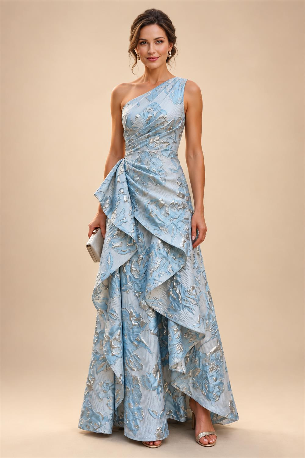 A-Line Floral Jacquard Floor-Length Mother of the Bride & Groom Dresses with V-Neck, Cap Sleeves (SHI22500480)