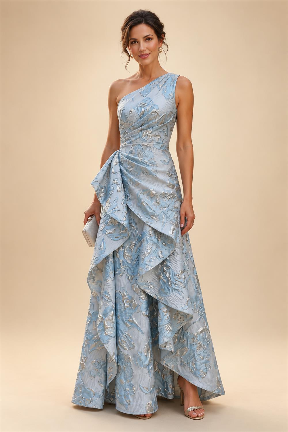 Jacquard A-Line/Princess Asymmetric Neck Floor-Length Mother of the Bride & Groom Dresses with Pleats (SHI22501354)