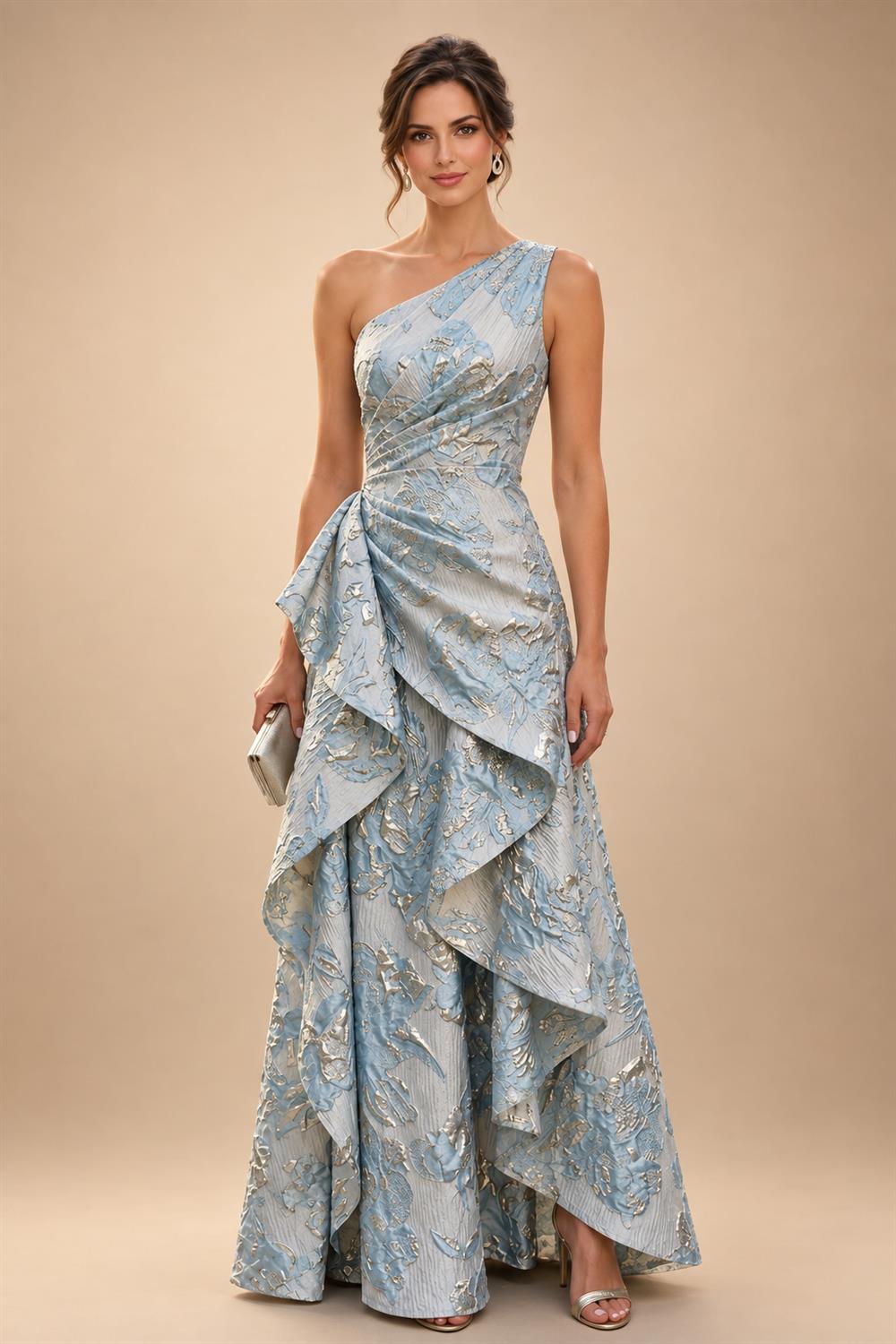 A-Line Metallic Satin Off Shoulder Bow Mother of the Bride & Groom Dresses with Floral Lace Appliques, Ruched Waist & Sweep Train (SHI22500425)