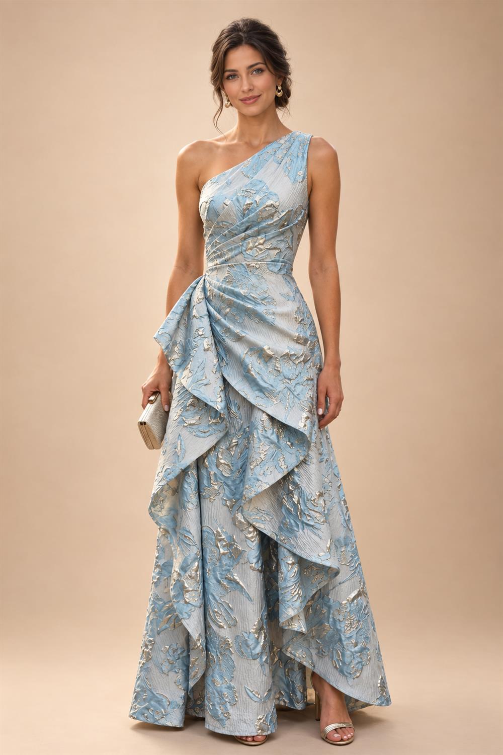 Jacquard A-Line/Princess V-Neck Tea-Length Mother of the Bride & Groom Dresses with Ruched Waist (SHI22501056)
