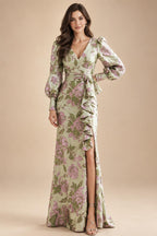 Sheath/Column V-Neck Jacquard Maxi Mother of the Bride & Groom Dresses with Ruffles & Slit (SHI25001047)
