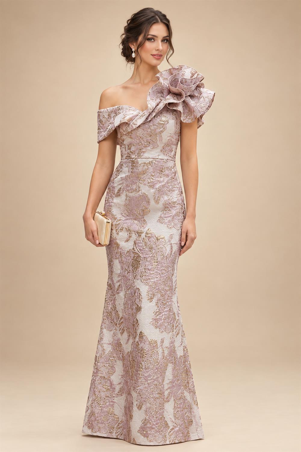 Sheath Floral Jacquard Off Shoulder Mother of the Bride & Groom Dresses with Flower (SHI22500777)