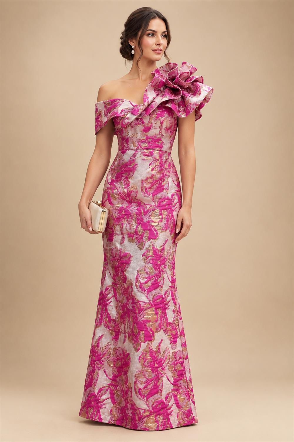 Sheath Floral Jacquard Off Shoulder Mother of the Bride & Groom Dresses with Flower (SHI22500777)