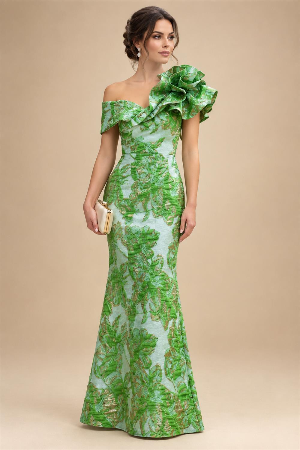 Sheath Floral Jacquard Off Shoulder Mother of the Bride & Groom Dresses with Flower (SHI22500777)